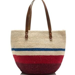 Red and Blue Woven Tote Bag with Leather Handles